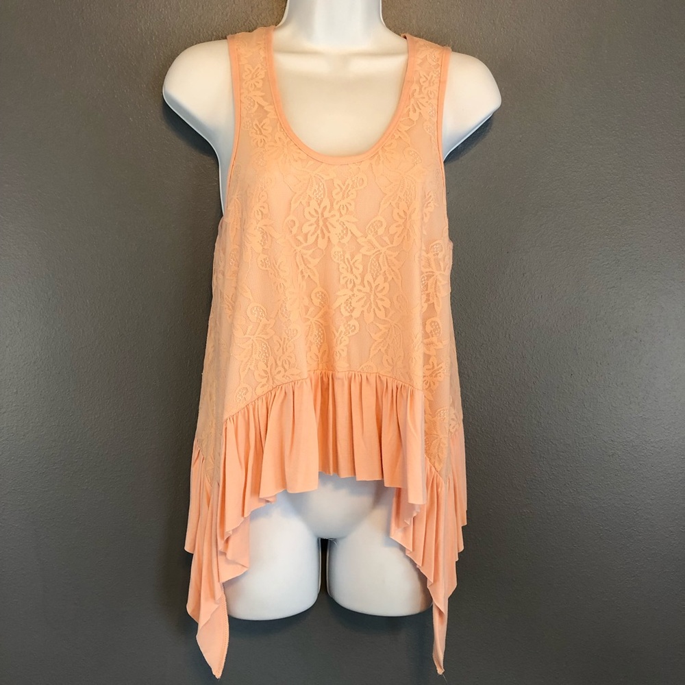 Rare pink lace hi-lo ruffle trim tank top